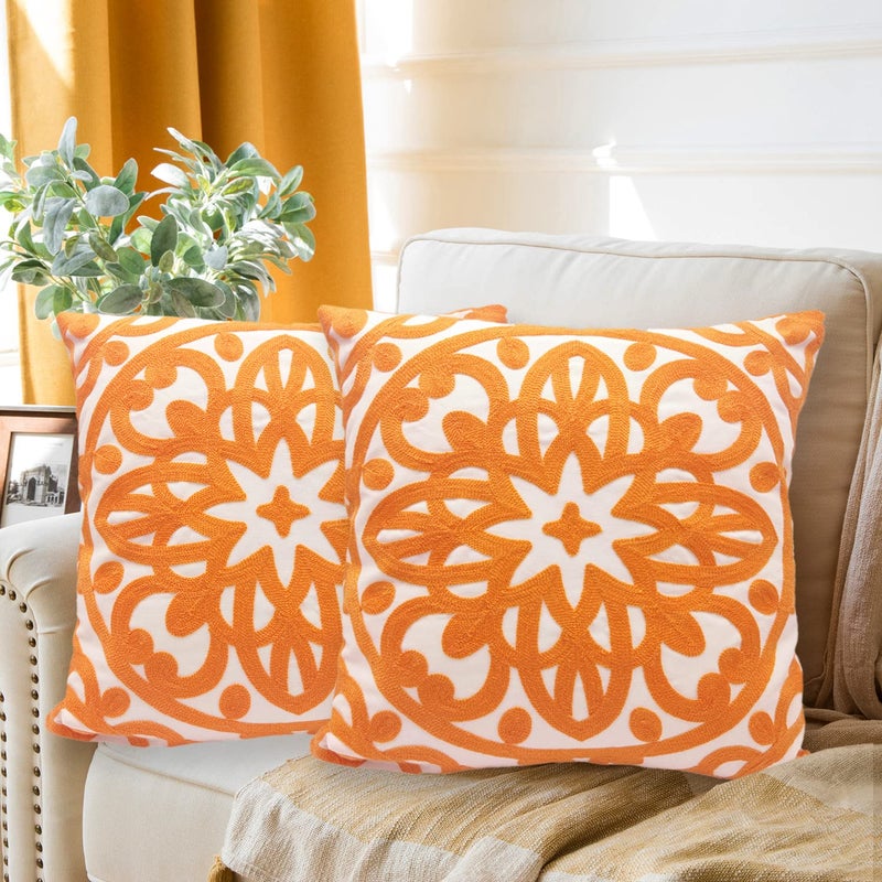Alysheer Embroidered Decorative Throw Pillow Covers 18""x18"" Set of 2 Pieces  Classic Boho Mandala Knit Pattern  100% Cotton Canvas Cozy Vibrant Cushion Cases for Sofa Couch Living Room (Bright Orange) - Image 3